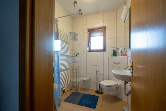 Badezimmer mit Dusche, WC und Waschbecken