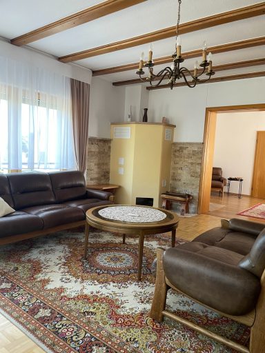 Das große Wohnzimmer mit Sofas, Fernseher und Zugang zur Loggia.